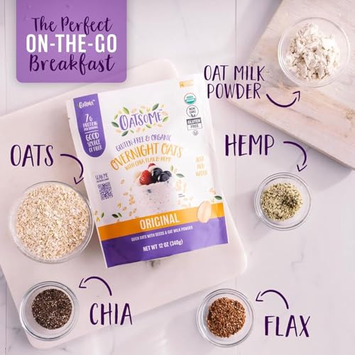 Image of Oatsome Organic Overnight Oats with Chia, Flax, & Hemp, Gluten-Free Oatmeal with 7g of Protein, 12oz Bag (Pack of 2)