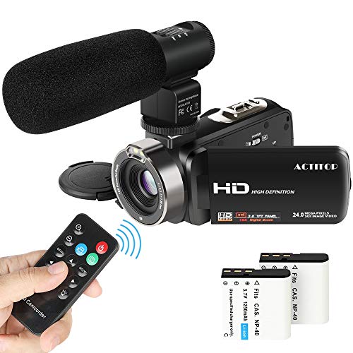 Video Camcorder,ACTITOP 1080P FHD Camcorder 24MP 16X Digital Zoom Video Camera 3.0inch Screen Face Detection LED Light Camcorder Camera with External Microphone,Remote Control,2 Batteries (HDV302)