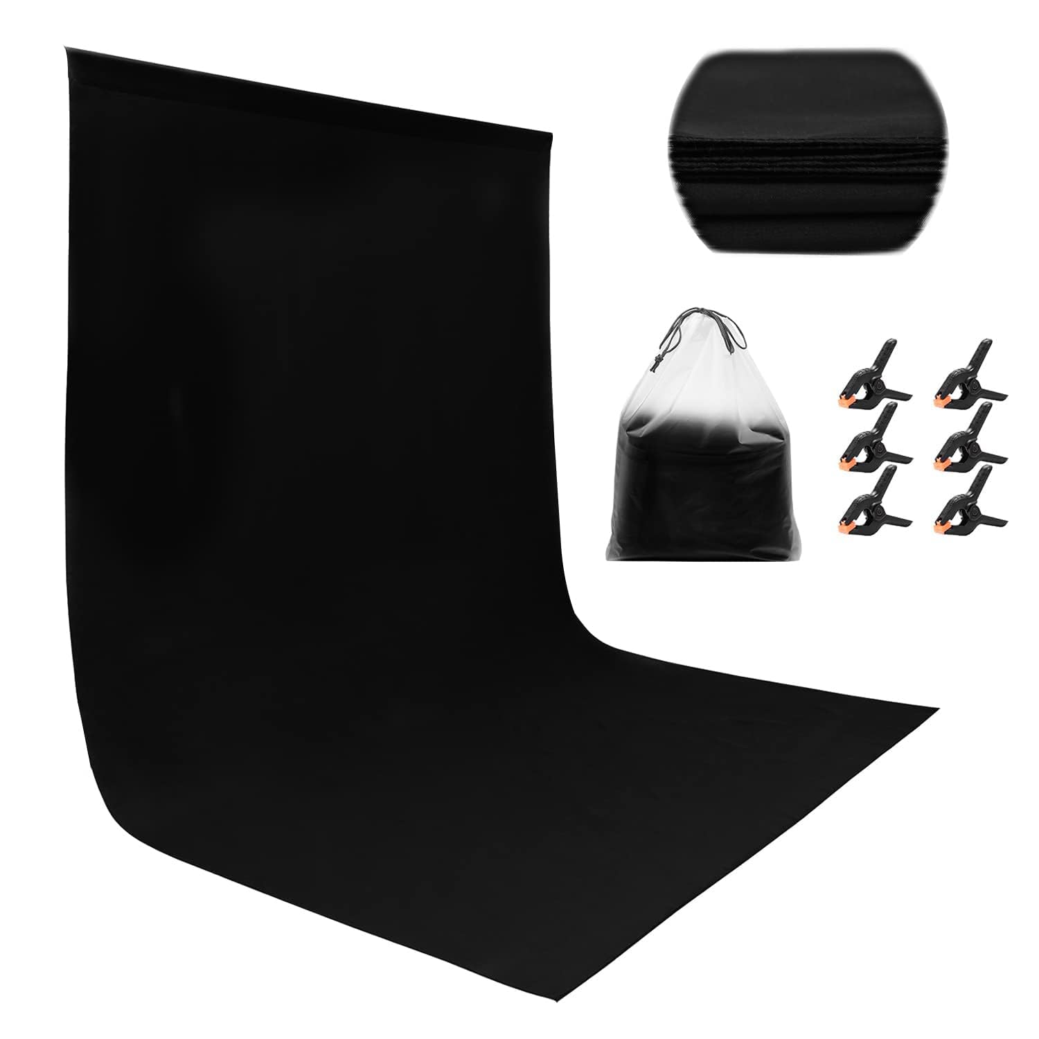 Black Backdrop 1.8 ร 2.8 m Photography Background, Thickened Black Background, Foldable and Washable Photography Background Curtain with 6 Clips + One Bag for Studio Shooting Props