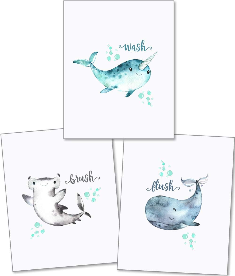 Confetti Fox Kids Bathroom Wall Art Decor - 8x10 Unframed Set of 3 Prints - Sea Animals Dolphin Shark Whale - Wash Brush Flush