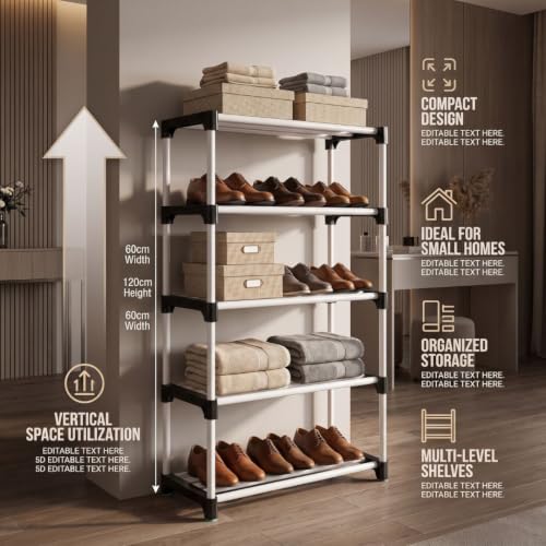Image of NILUX Space-Saving Adjustable Storage Rack for Home and Office Use with Strong Plastic Shelves for Books and Accessories (White, Medium, 5)
