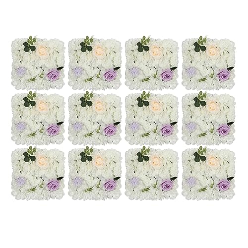 JJIESHENG Flower Wall Panels 3D Flower Wall Backdrop, 12Pcs Artificial Flower Wall Panel Silk Rose Floral Decorative Faux Flower Wall Background for Wedding Home Decoration (White, Purple,15 * 15in)