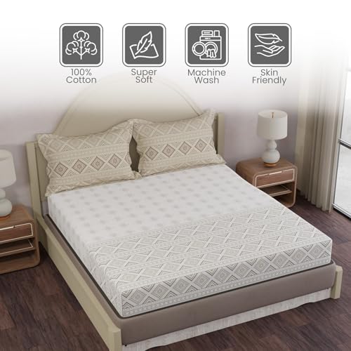 Image of Layers 100% Cotton King Size Bedsheet Set | Grey & White Ethnic Print | 120 TC Forever Collection | Soft & Breathable | Washable Bedsheet with 2 Pillow Covers | All Season