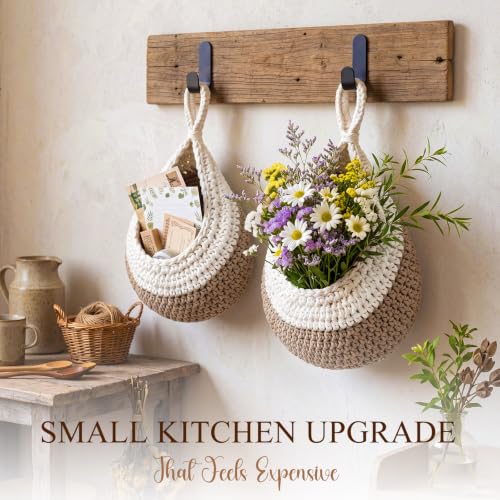 Image of Honeydak 3 Hanging Baskets, White with Light Linen, Teardrop, Cotton Rope