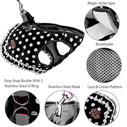 Cute Small Dog Harness, Ladies Polka Dots Dog Vest Harness Set With Pink Leash And Bowknot Collar, 3 In 1 Girl Style Vest Harness Set For Puppy And Cat (S (Chest: 10-12"), Black) #TOP1