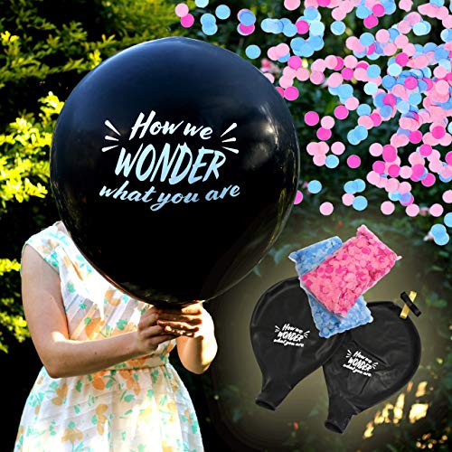 Gender Reveal Kit with Giant 36 Inch Black Balloons - 'How We WONDER What You Are' Message with Blue and Pink Confetti - by Dilla Co. (How I Wonder) Decoration for Boy or Girl Baby Announcement Shower