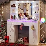 Makeup Vanity Desk with 11 Storage Drawers, Glass Top Vanity with 3 RGB Lighted Drawers, Makeup Table with 23.5' Oversized Mirror & Power Outlet for Wife, White Dressing Table with Crystal Knob