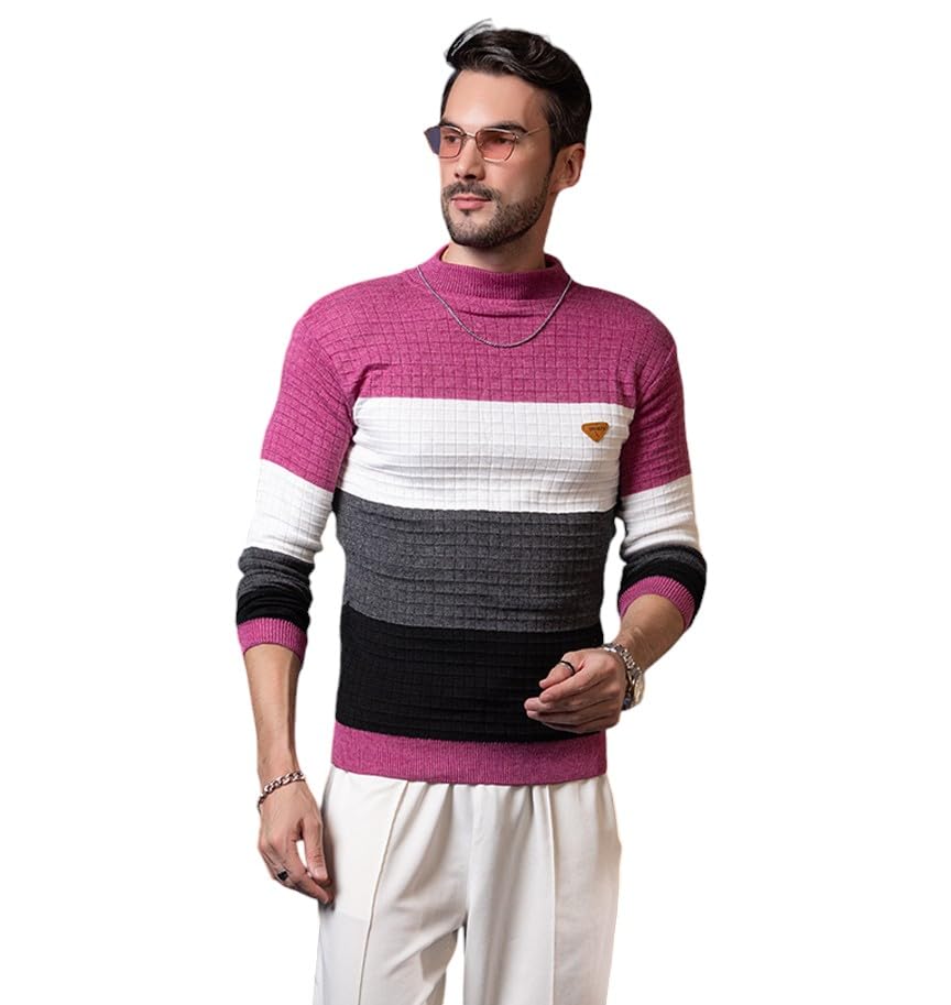 Mens Color Block Regular Fit Round Neck Woolen Sweater for Winter-image-49