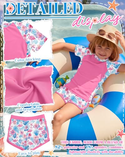 Image of Xaatren Girls 2 Piece Rash Guard Swimsuit | Quick Dry Bathing Suits, Short Sleeve Floral Beach Swimwear, Summer Tee and Boyshort Sets, Protection, Hawaiian, 7-16 Year