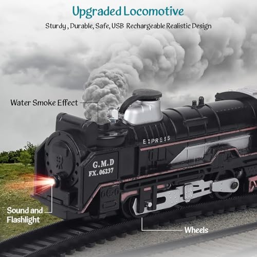 Image of Mini Rail King Train Set for Kids 3+ | Rechargeable Steam Engine with Passenger Coach & Coal Wagon | Smoke Effect, Music & LED Lights | Toy Railway Track Set