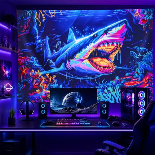 Image of BlissYard Shark Ocean Blacklight Tapestry Glow In The Dark UV Reactive Wall Hanging With Neon Coral Psychedelic Horror Poster Black Light Tapestries For Bedroom Party Decor 78x59 Inch