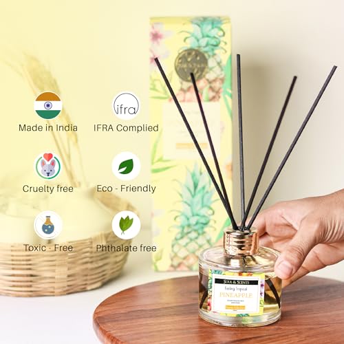 Soul & Scents Pineapple Scented 4.06 oz (120ml) Reed Diffuser Set with 6 Fiber Sticks for Room Decor | Home Fragrance Reed Diffuser | Air Freshners for Home