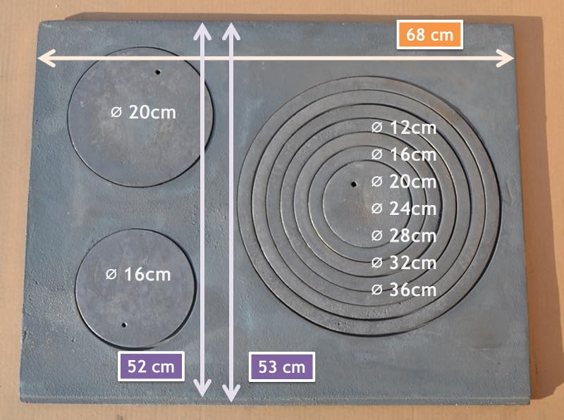 SEZAM Placa de fundición para horno con 3 agujeros, 68 x 52 cm, placa de carbón de hierro fundido gris