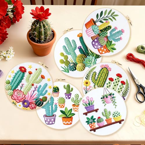 Image of BEUNITONE Cactus Embroidery Kit for Beginners, 6PC Succulent Plant Themed Needlepoint Kits for Adults with Hoops, Threads, Needles, Instructions and Full Kits, DIY Home Decor Craft Gift for Adults