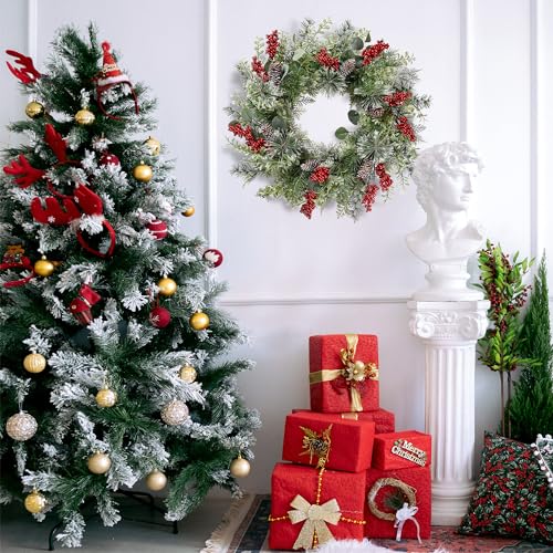Sggvecsy 21 Inch Artificial Christmas Wreath For Front Door Xmas Red Berry Wreath With Pine Needles Pine Cones Eucalyptus Leaves Christmas Hanging Decorations For Wall Outdoor Home Window Decor thumb #4