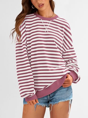Image of PRETTYGARDEN Womens Striped Oversized Sweatshirt Color Block Crew Neck Long Sleeve Casual Loose Pullover Top Y2K Clothes
