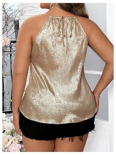 OYOANGLE Women's Plus Size Metallic Keyhole Halter Tank Top Sleeveless Elegant Loose Blouse Tops2