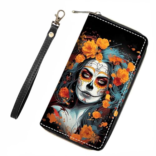 Sugar Skull Girl Flower Wallet for Women with Credit Card Holder Coin Money Clip PU Leather Zip Around Clutch Wallet