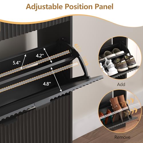 Image of HUANLEGO Shoe Cabinet Storage for Entryway with 4 Flip Drawers, Black Fluted Shoe Cabinet with Adjustable Shelves, Wooden Hidden Shoe Rack Freestanding Narrow Slim Shoes Storage for Hallway, Entrance