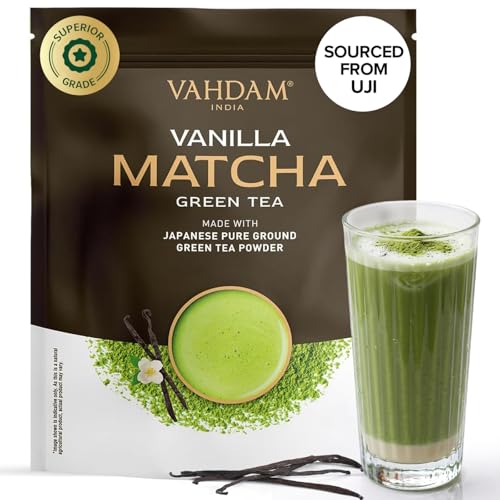VAHDAM Polvere di Matcha alla Vaniglia 100g-50 Tazze | Matcha Uji & Vaniglia del Madagascar | 100% Naturale | Tè Verde Giapponese Premium | Per Latte & Tè