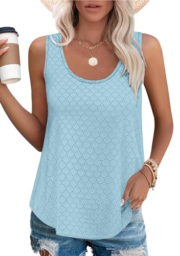 Chicrise Tanktop Damen Sommer Locker Rundhals Lochstickerei T Shirt Armlose Lässig United Colors Schön Oberteile Himmelblau Mittel 38-40