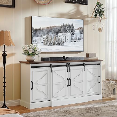 YITAHOME TV Stands with Power Outlets for 70/65 Inch Television, Modern Farmhouse Entertainment Center TV Media Console with Barn Sliding Doors & Adjustable Shelf for Living Room, White/Brow