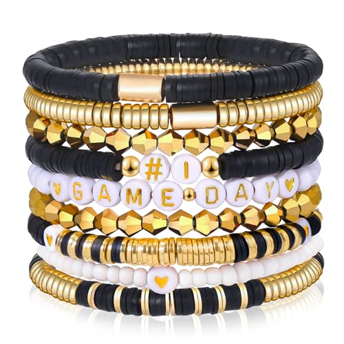 LUYI 9 Pack Game Day Bracelets for Women Football Bracelets Stackable Red Black Blue Heishi Beaded Stretch Bracelet Football Sport Fan Bracelet Sports Game Team Jewelry Accessories Gifts