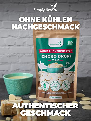 Simply Keto Lower Carb* Schokodrops ohne Zuckerzusatz (200g) - Weiße Schoko Drops zum Naschen oder Backen - Gesüßt mit Erythrit statt Zucker - Ideal für Low-Carb & Ketogene Ernährung