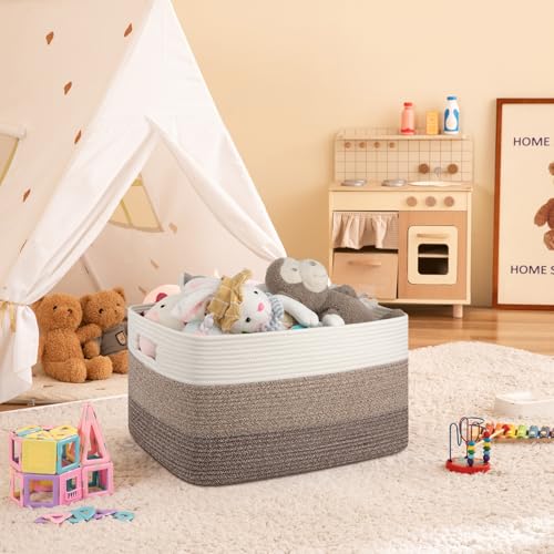 Image of OIAHOMY Large Blanket Basket For Living Room, Rectangle Woven Baskets for Storage, Nursery Toy Storage With Handle-22 inchx17 inchx12 inch-Gradient Dark Brown