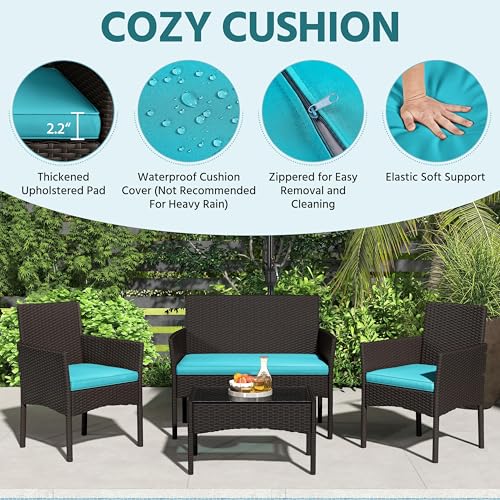 Yaheetech Patio Furniture Set 4 Pieces Conversation Sets, Rattan Chair Wicker Set Loveseat with Soft Cushion and Glass Table for Backyard Porch Garden Poolside Balcony, Brown and Cyan - Image 5