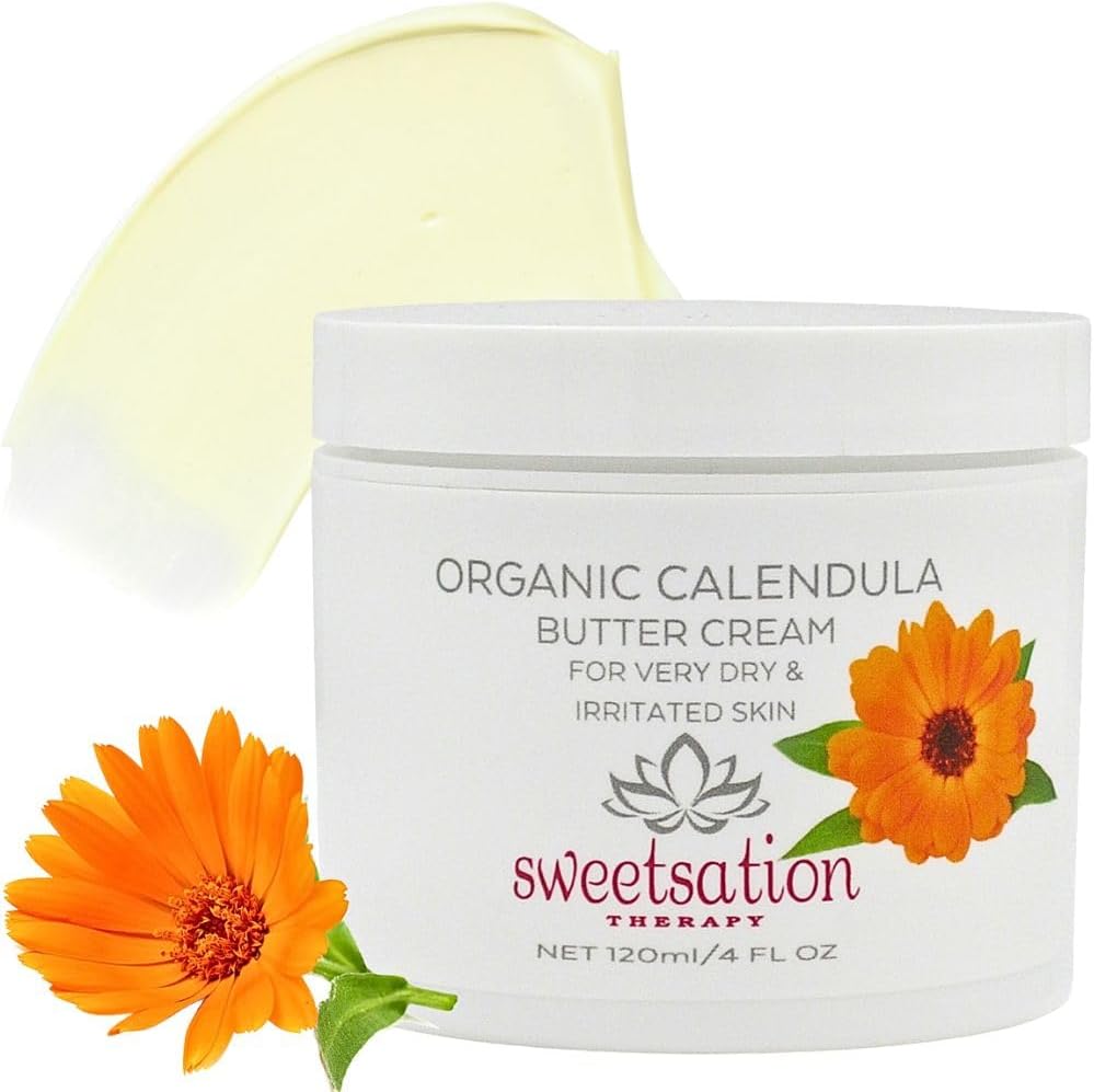 Herbal Organic Calendula Soothing Baby Butter Cream Salve Ointment for Dry, Irritated Itchy Skin, Eczema, Psoriasis, Skin Barrier Relief, Soothing & Healing 4oz. With Calendula, Avocado & Vitamin E.