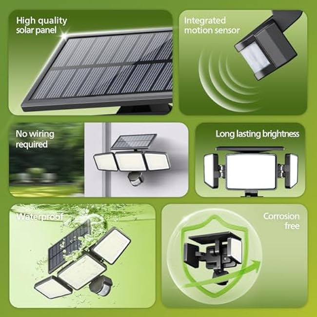 Philips Solar Security Light Outdoor 302 LED 1200lm£¬Solar-Powered Waterproof Wall-Mounted Flood Light w/PIR Motion Sensor, 3 Heads, IP65 Waterproof, 3 Modes (2 Packs)
