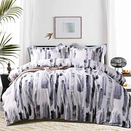 Ntbay 3 Pieces 100% Brushed Microfiber Striped Duvet Cover Set, Super Soft Black And White Printed Reversible Design Zipper Comforter Cover With Ties And 2 Pillow Shams (Full/Queen, Ink) #TOP1