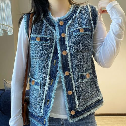 Women's Retro Hook Flower Fur Edge Tweed Denim Vest Sleeveless Tassel Single-Breasted Denim Jackets With Pockets4