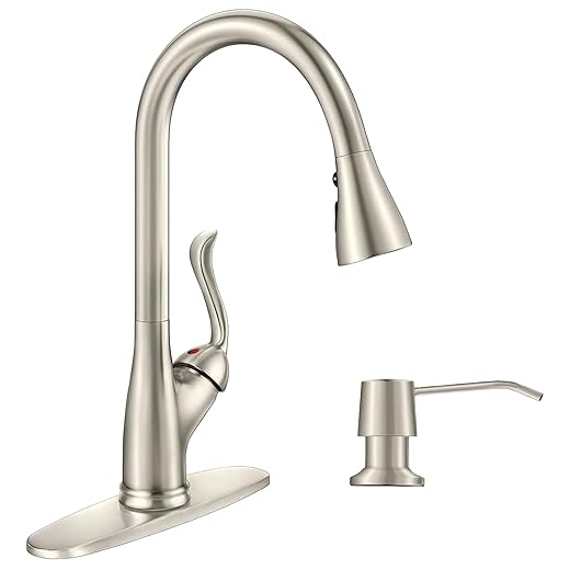 APPASO Patented Kitchen Faucet with Pull Down Sprayer and Soap Dispenser - Single Handle Stainless Steel Brushed Nickel High Arc Pull Out Kitchen Sink Faucets with Deck Plate