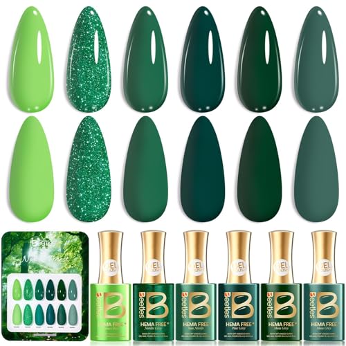 Image of Beetles Green Gel Nail Polish - HEMA-Free 15ML Full Size 6 Colors Light Emerald Dark Green Glitter Color Gel Nail Polish Set Soak off UV Led Lamp Needed Manicure DIY Salon Home Gifts for Women