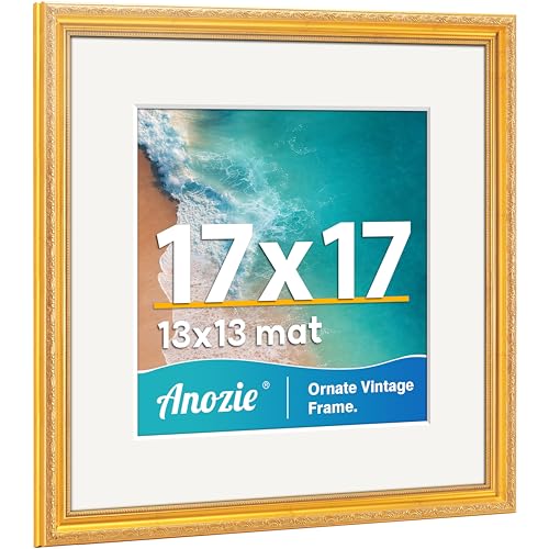 Anozie Vintage 17x17 Picture Frame Antique Gold Photo Frames with Plexiglass Front Ornate Square 17x17 Frame Display 13x13 with Mat or 17 x 17 Picture Frame Without Wall Dcor 1 Pack Gold