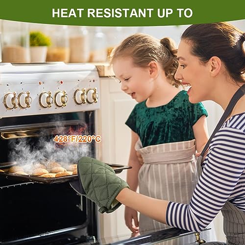 AUAUY 1 Pair Short Oven Mitts, Green Heat Resistant Neoprene Cotton Mitt, With Surface And Hanging Loop Mits, Kitchen Mini Mitts Cute for Cooking, Baking Grilling, (M1-3507172) - Image 6