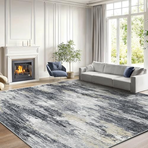 AMADA HOMEFURNISHING 8x10 Area Rug, Modern Abstract Living Room Rug with Non-Slip Backing & Short Pile, Large Washable Rug with Abstract Pattern for Living Room, Bedroom and Dinning Room, Light Grey