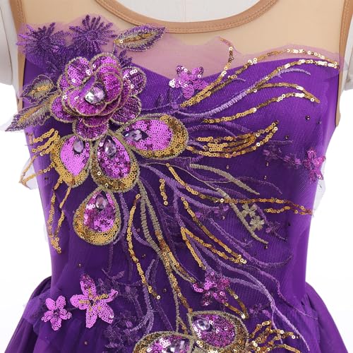 Odasdo 65502 Womens Ice Figure Skating Dress, Adult Ballet Dance Leotards Rhythmic Gymnastics Bodysuit Sequin Embroidery Gradient Chiffon Flowy Skirt Competition Custumes Performance Dancewear Purple M thumb #3