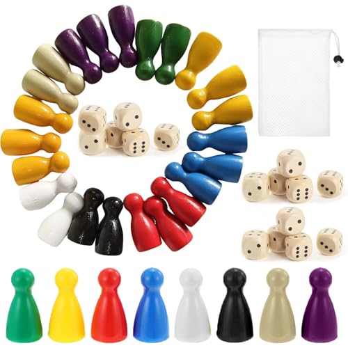 MUYAPAY 160 Piezas Multicolor Piezas Ajedrez Madera, Fichas Parchis, Juegos de Viaje, 8 Colores (Rojo, Verde, Amarillo, Azul, Blanco, Negro, Beige, Morado) con Bolsa de Almacenamiento