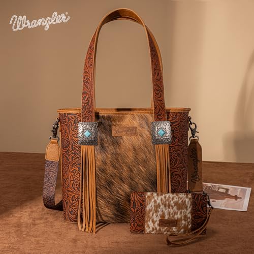 Image of Montana West Wrangler Cowhide Tote Bag for Women Western Tooling Handbag Leather Fringing with Turquoise Stone Concho