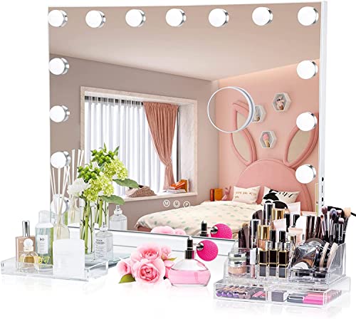 Towallmark Hollywood - Espejo de maquillaje con 15 bombillas, 23 x 19 pulgadas, puerto USB, espejo de tocador Hollywood con 3 modos de iluminación cambiables y pantalla táctil, mesa y montaje en pared Cover