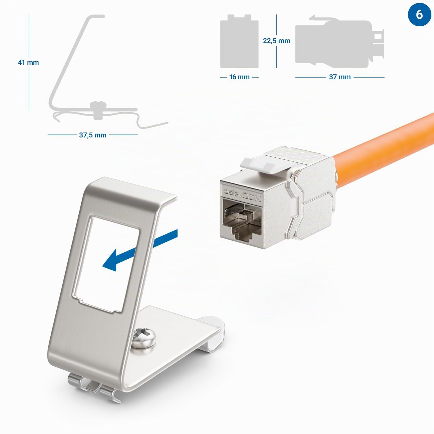 deleyCON 8x CAT6a Keystone Jack Module Avec 8x 1-Port Adaptateur Pour Profilé Chapeau Comme Set Métal STP Blindage RJ45 Femelle 10 Gbit/s Réseau Montage Snap-In Pour Profilés Chapeau 35mm