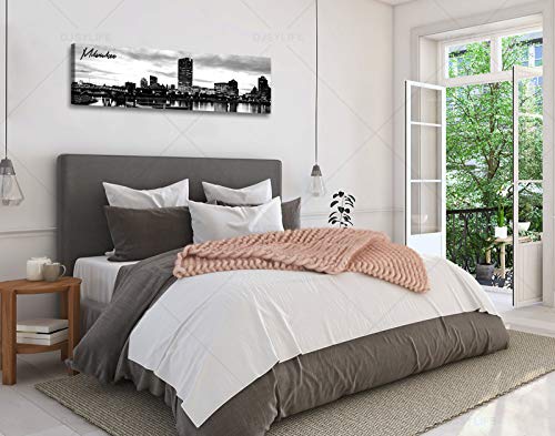 Image of DJSYLIFE Milwaukee Skyline Wall Art Black and White Stretched Canvas Wall Art Prints for Bedroom or Office Decoration Ready to Hang 13.8 inch x 47.3 inch