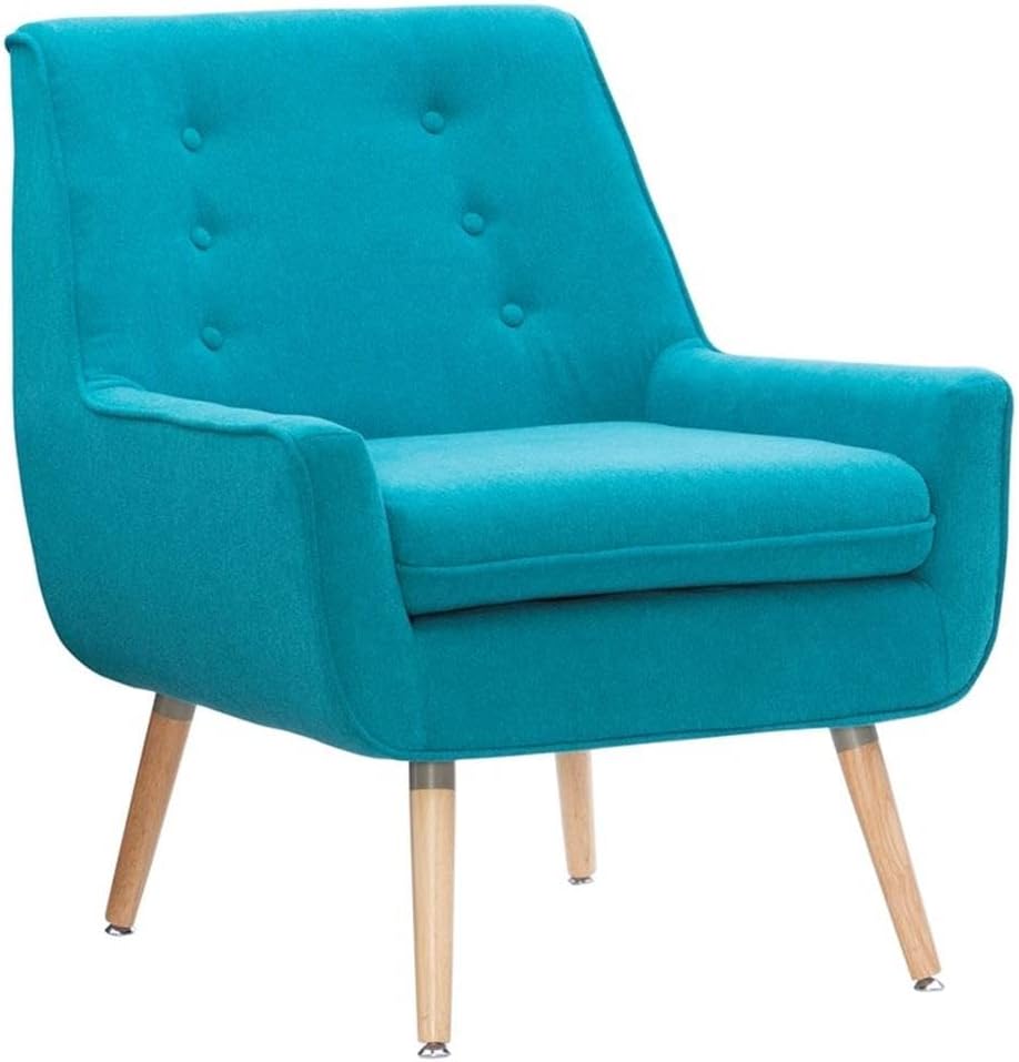 Linon Trelis Upholstered Tufted Accent Chair Natural Wood Legs in Teal Fabric