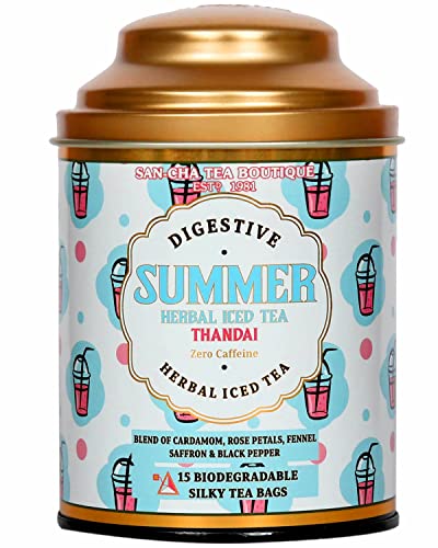 Image of Sancha Tea Boutique, Thandai Iced Tea, 15 Pyramid Bags, Summer Cooling Drink, Caffeine-Free Herbal Tisane with Real Saffron, Sugar-Free, Not Instant