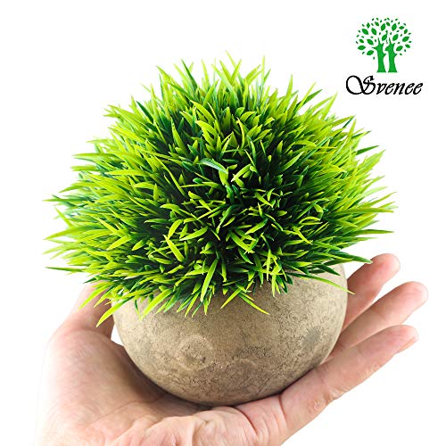 Svenee Mini Artificial Plants, Plastic Fake Green Grass Faux Greenery Topiary Shrubs With Grey Pots For Bathroom Home Office Décor, House Decorations (1) #TOP2