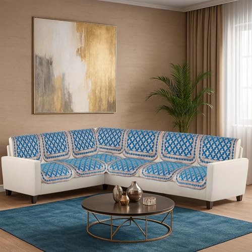 Image of Turquoise Chenille Woven Anti-Slip 6 Seater L-Shape Sofa Cover | L-Shape Sofa Seat Protector for Living Room | Durable & Stylish Slipcover