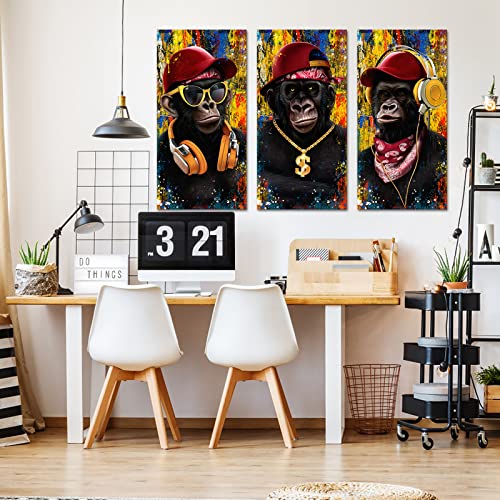Biuteawal Monkey Wall Art Funny Cool Gorilla Animal Canvas Prints Music Glasses Chimpanzee Painting Framed Ready To Hang Abstract Modern Pop Painting For Home Bar Living Room Boys Bedroom Men Office Decoration #TOP2